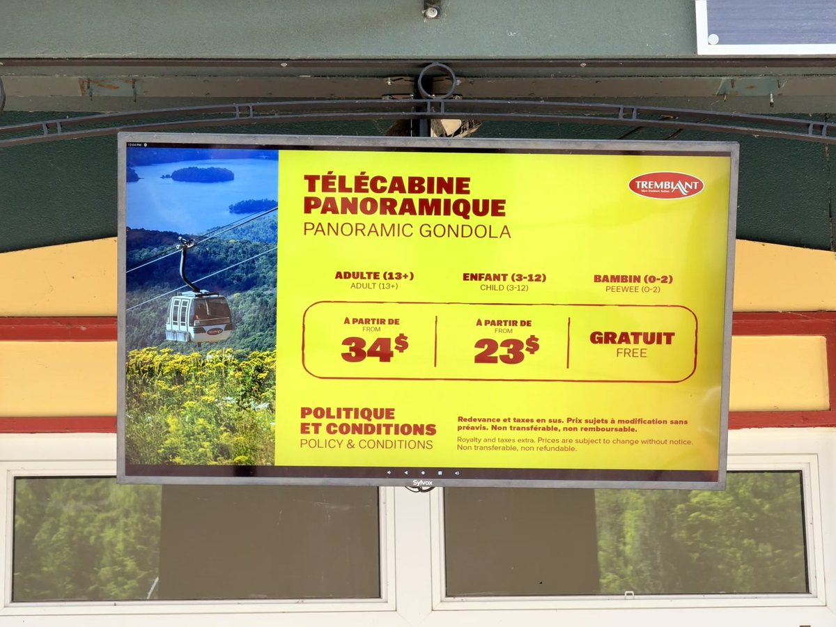 O painel de preços da Gôndola Panorâmica: ida e volta a partir de 34 CAD para adultos e de 23 CAD para crianças
