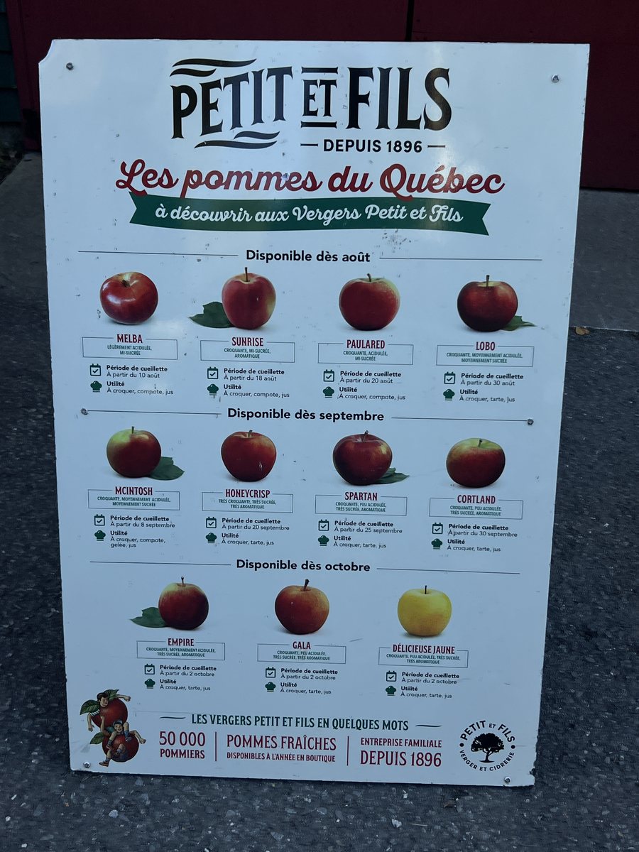현장 포스터 “Les pommes du Québec”. 품종마다 수확 시작일과 쓰임(생으로, 타르트, 주스 등)이 적혀 있다.