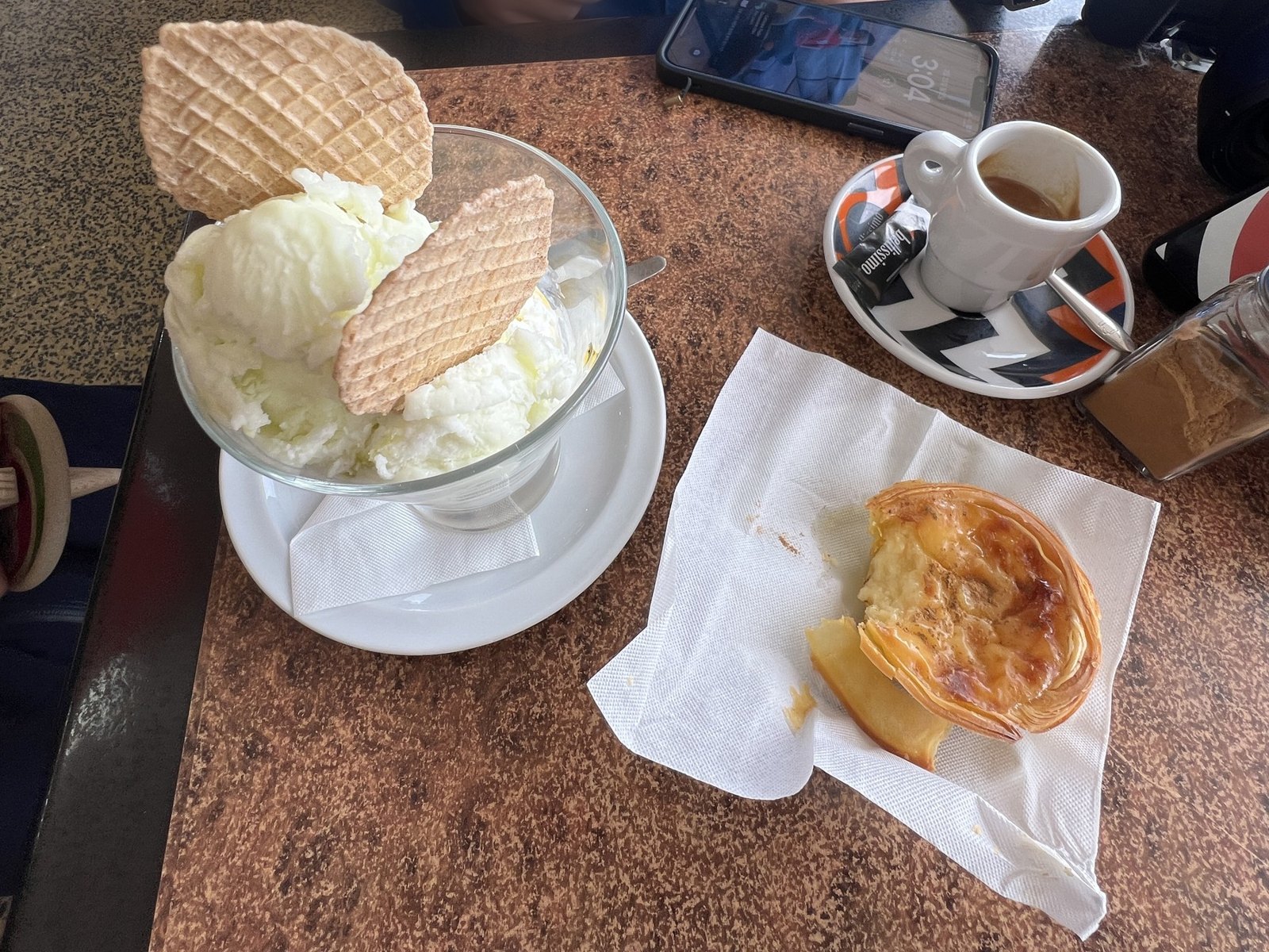 Gelato, a pastel de nata and coffee at the seaside café