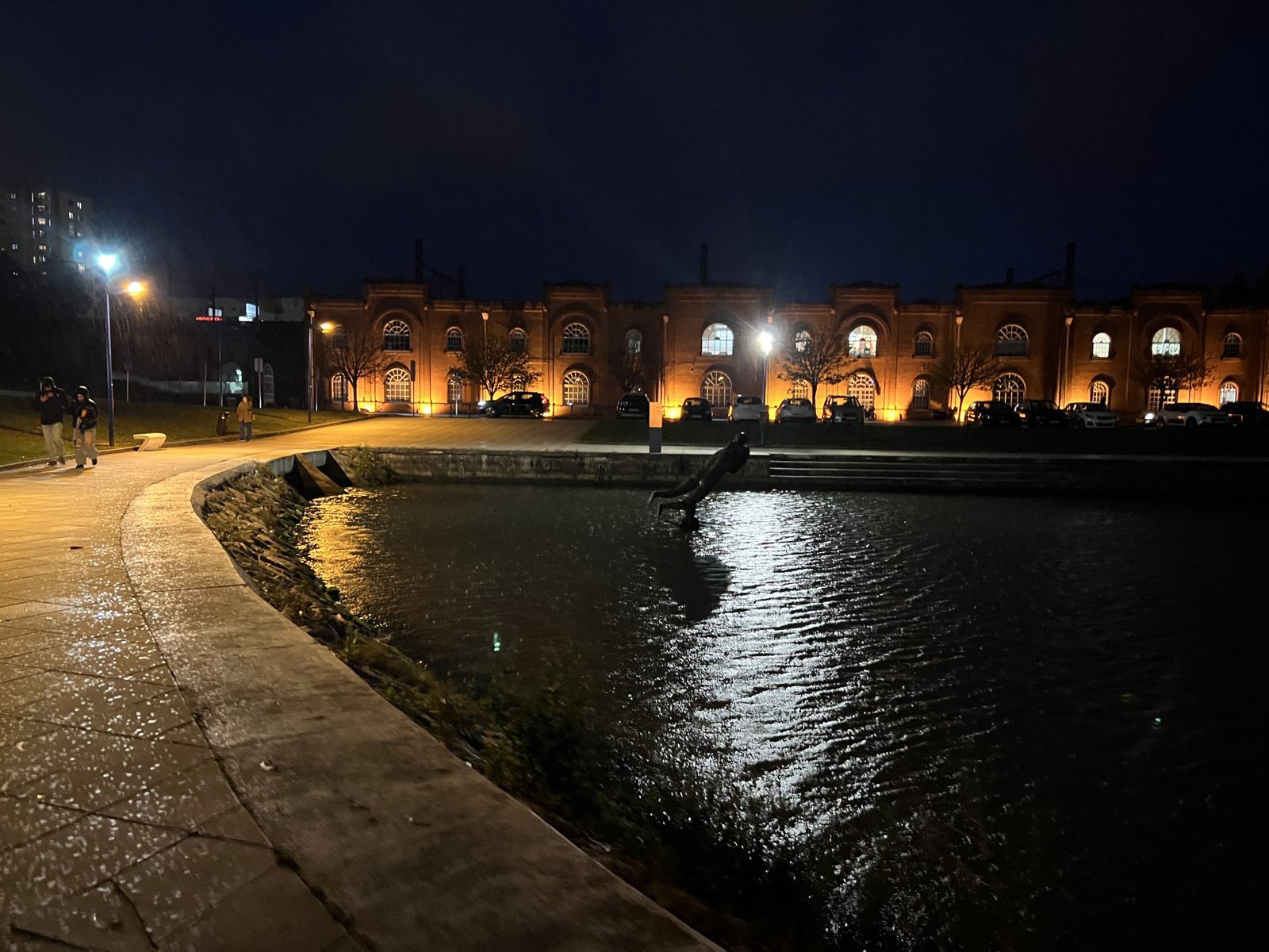 The lakeside lit up at night