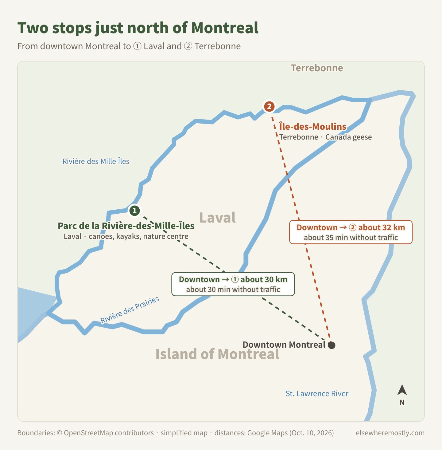 Map showing downtown Montreal, Parc de la Rivière-des-Mille-Îles in Laval and Île-des-Moulins in Terrebonne