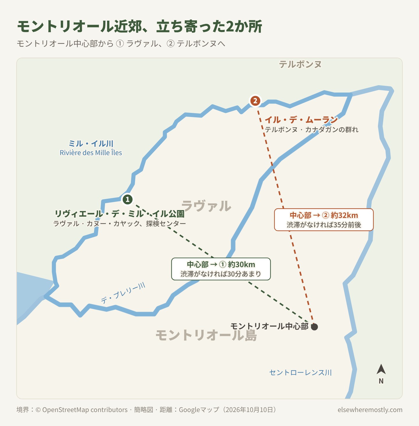 モントリオール中心部、ラヴァルのリヴィエール・デ・ミル・イル公園、テルボンヌのイル・デ・ムーランの位置を示した地図
